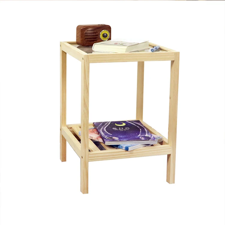 Traditional Japanese Square Pine Wood Glass End Table 2-Tier For Living Room