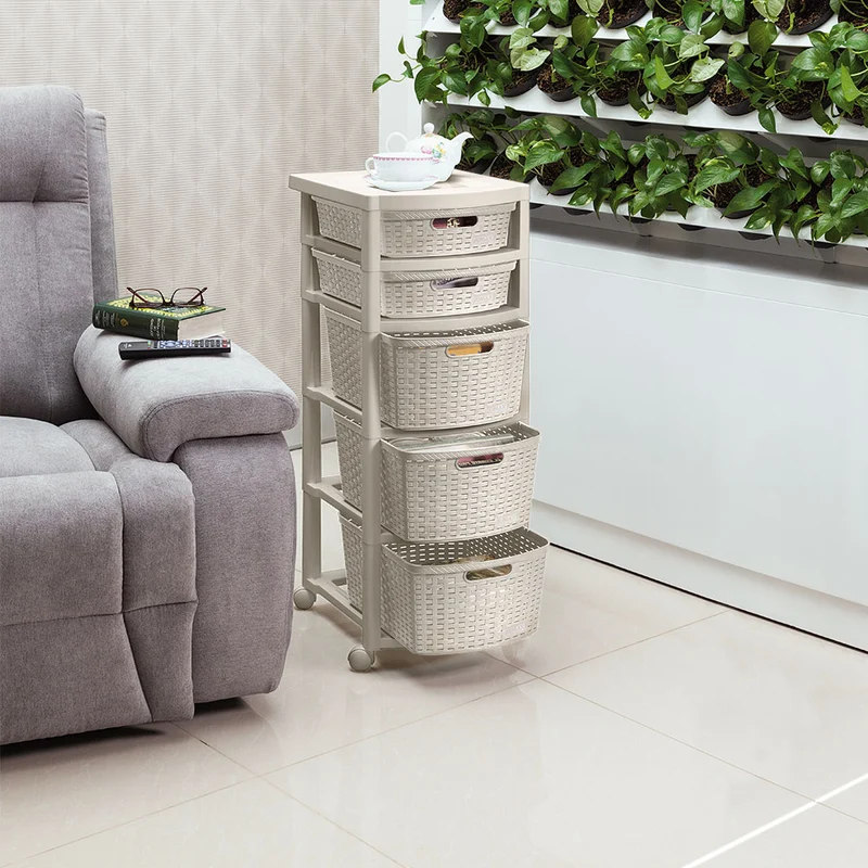 Cajonero Apariencia Rattan 2 Gavetas Bajas + 3 Gavetas Altas Taupe