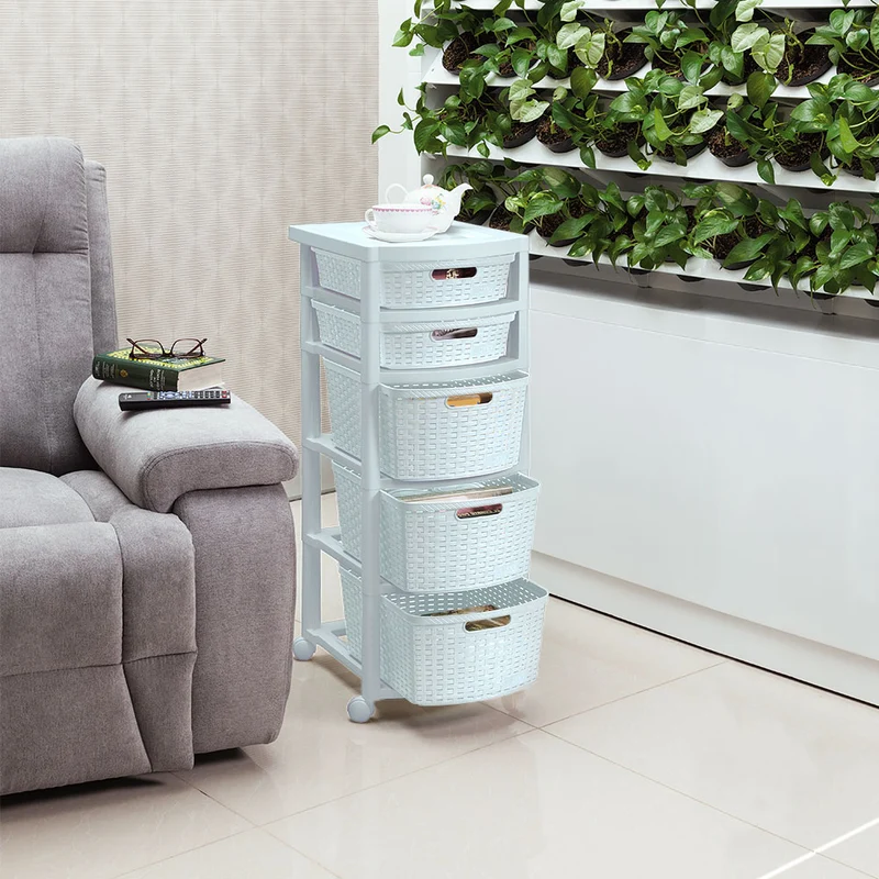 Cajonero Apariencia Rattan 2 Gavetas Bajas + 3 Gavetas Altas Blanco Nieve