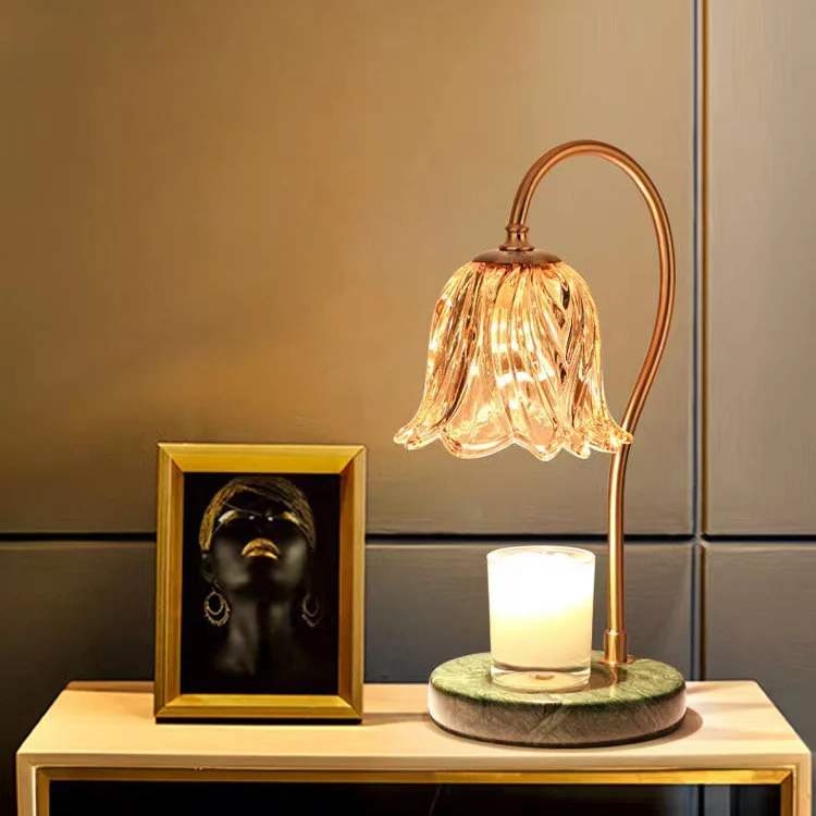 Contemporary Scandinavian Bellflower Disc Base Marble Iron Glass 1-Light Melting Wax Table Lamp For Bedroom