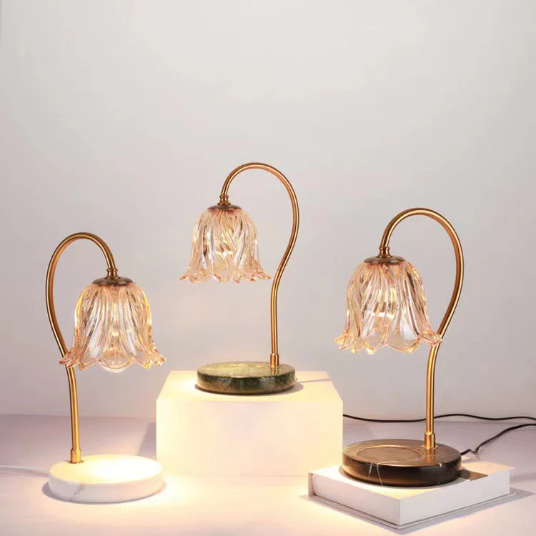 Contemporary Scandinavian Bellflower Disc Base Marble Iron Glass 1-Light Melting Wax Table Lamp For Bedroom