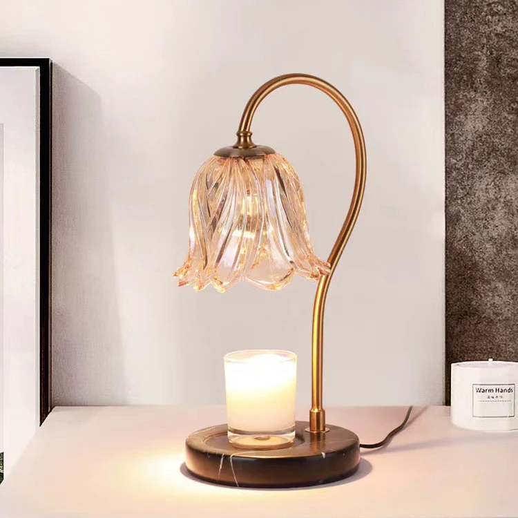 Contemporary Scandinavian Bellflower Disc Base Marble Iron Glass 1-Light Melting Wax Table Lamp For Bedroom