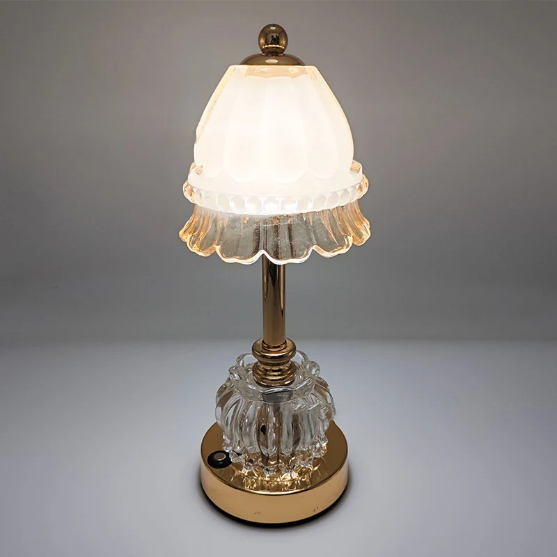 Traditional Vintage Flower Disc Base Rechargeable Iron Glass LED Table Lamp For Bedroom