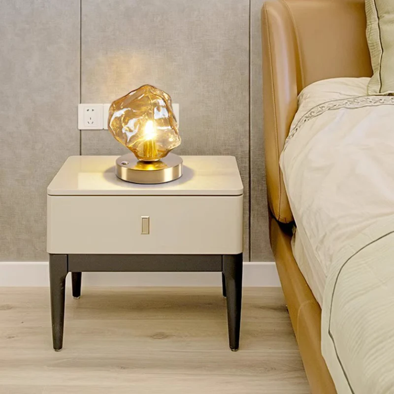 Contemporary Creative Ice Irregular Glass Aluminum Iron Wood 1-Light Table Lamp For Bedroom