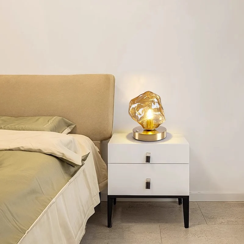 Contemporary Creative Ice Irregular Glass Aluminum Iron Wood 1-Light Table Lamp For Bedroom