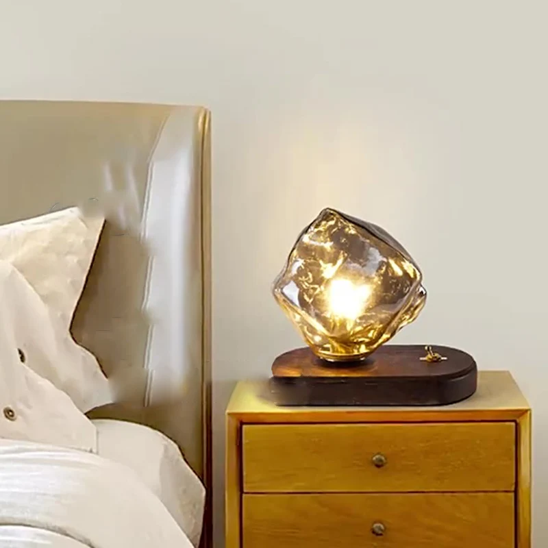 Contemporary Creative Ice Irregular Glass Aluminum Iron Wood 1-Light Table Lamp For Bedroom