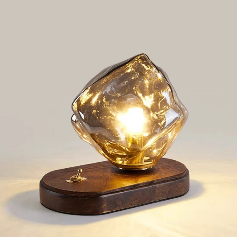 Contemporary Creative Ice Irregular Glass Aluminum Iron Wood 1-Light Table Lamp For Bedroom