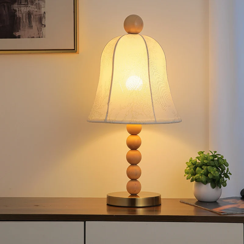 Modern Art Deco Fabric Bell Shade Solid Wood 1-Light Table Lamp For Bedroom