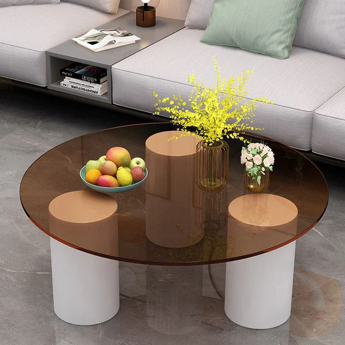 Modern Minimalist Round Column Sintered Stone Glass Steel Frame End Table 1-Tier For Living Room