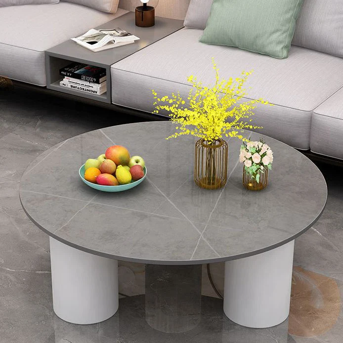 Modern Minimalist Round Column Sintered Stone Glass Steel Frame End Table 1-Tier For Living Room