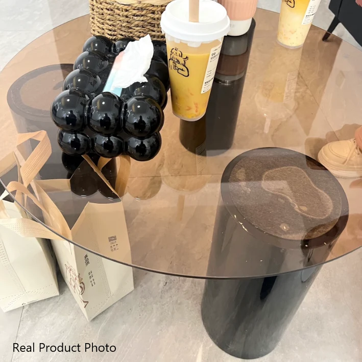 Modern Minimalist Round Column Sintered Stone Glass Steel Frame End Table 1-Tier For Living Room