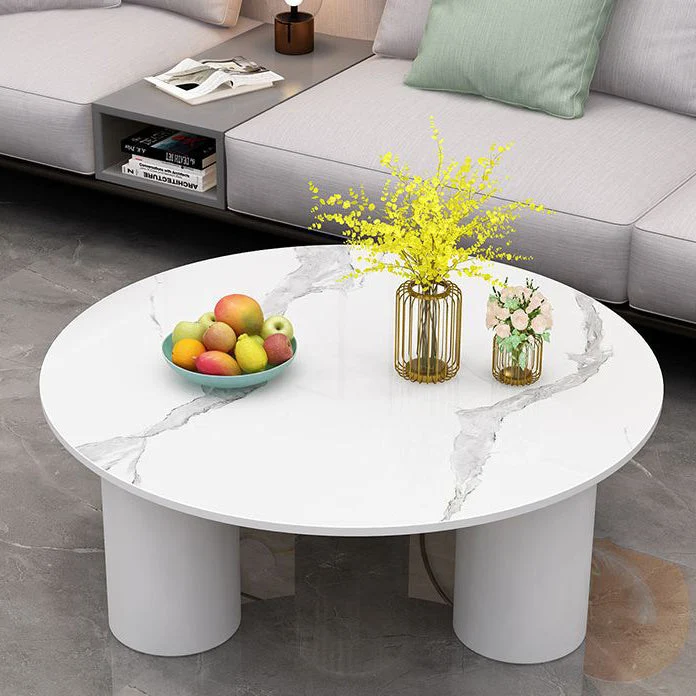 Modern Minimalist Round Column Sintered Stone Glass Steel Frame End Table 1-Tier For Living Room