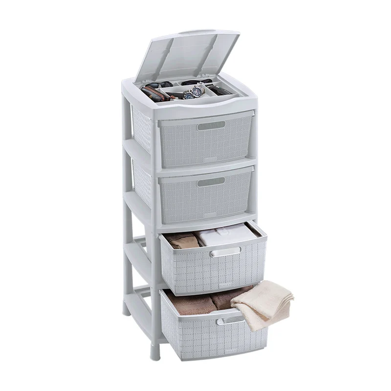 Gavetero Fique con 4 Gavetas y Tapa Organizadora Gris Hielo