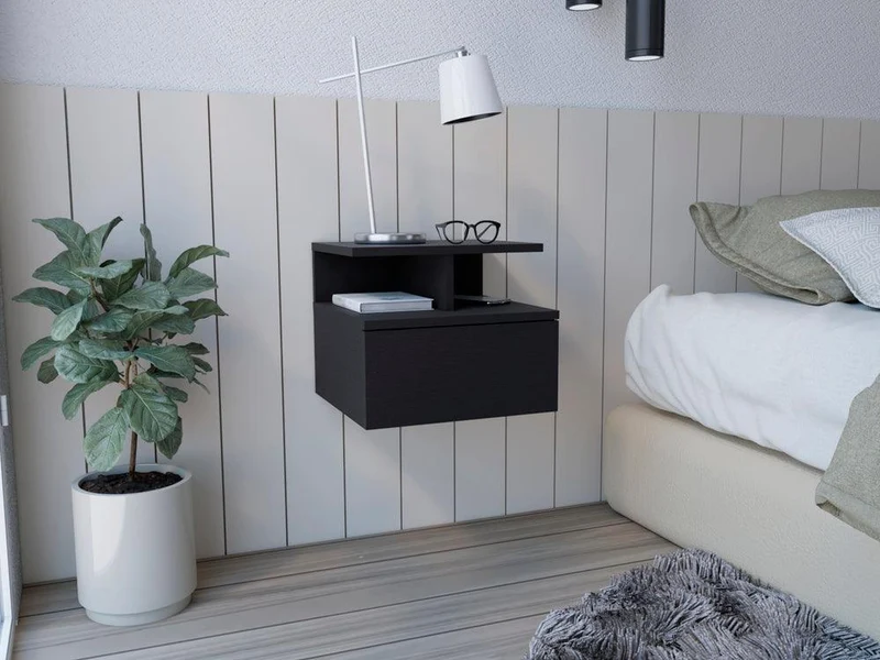 Mesa de Noche Flotante Nube, Wengue con un Cajón y División de Dos Entrepaños