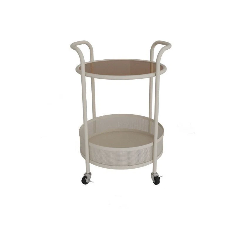 Contemporary Simplicity Round Glass Top Iron Storage Basket End Table Casters 2-Tier For Living Room