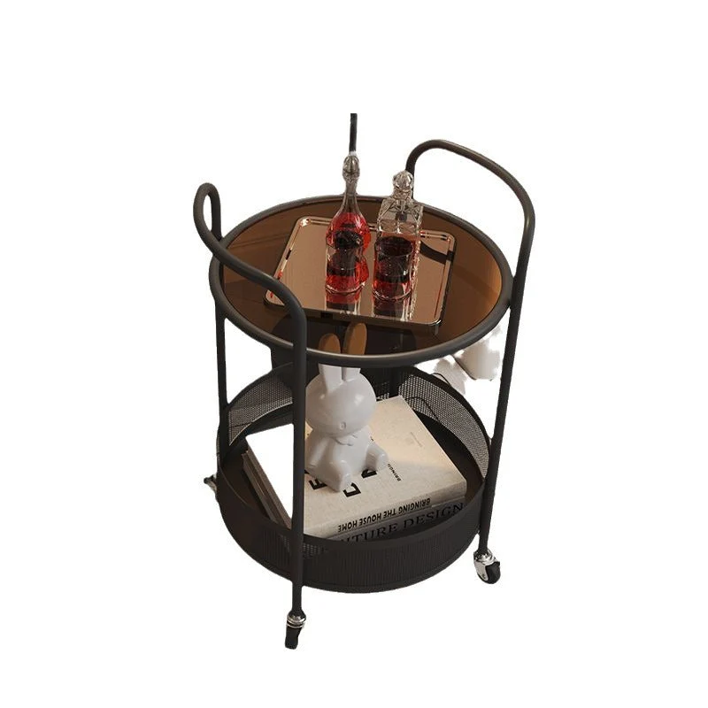 Contemporary Simplicity Round Glass Top Iron Storage Basket End Table Casters 2-Tier For Living Room