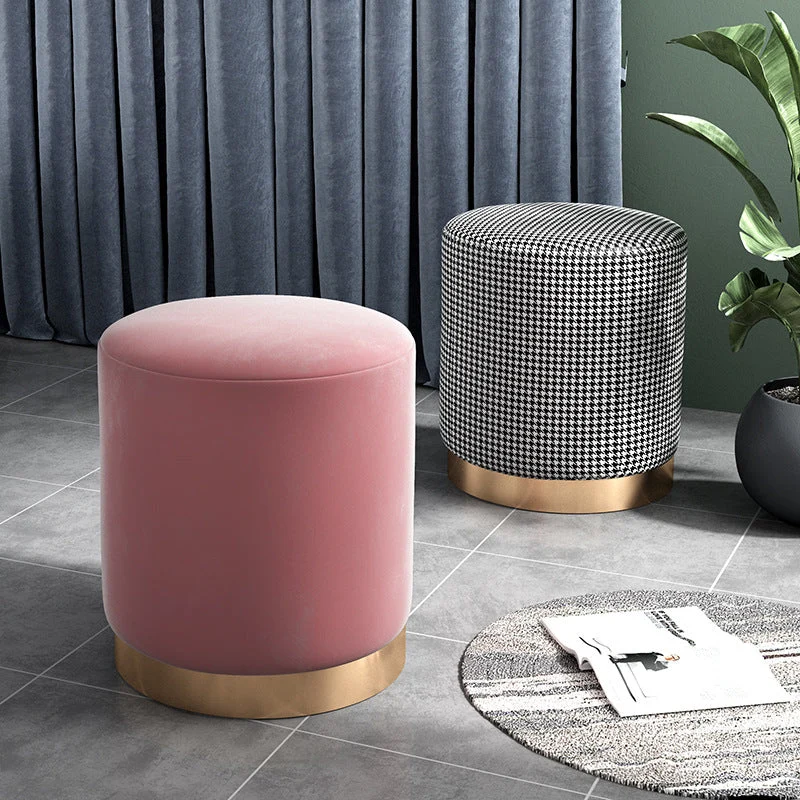 Contemporary Scandinavian Fabric Velvet Faux Leather Plywood Sponge Round Cylinder Footstool Backless For Entryway