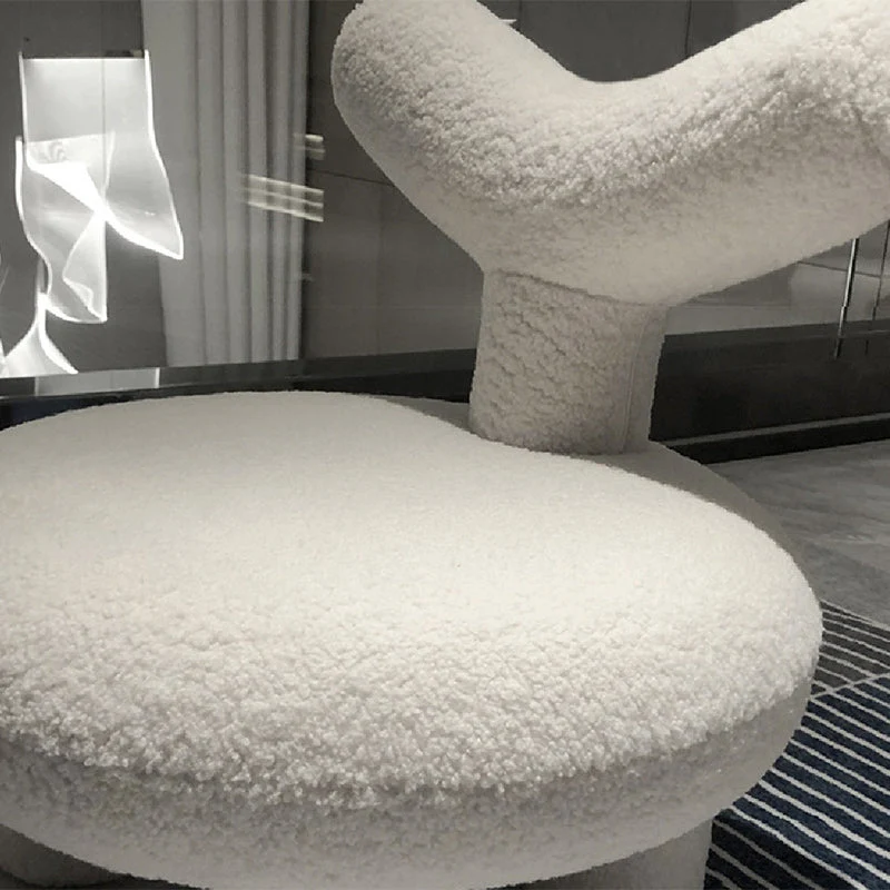 Contemporary Nordic Round Sherpa Fabric Upholstered Pine Wood Low Stool Y-Shaped Back For Living Room
