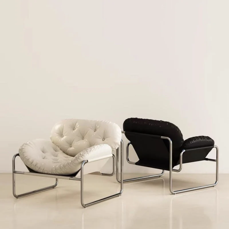 Contemporary Retro Faux Leather Fabric Stainless Steel Rectangular Cloud Accent Chair Backrest Adjustable Footrest For Living Room