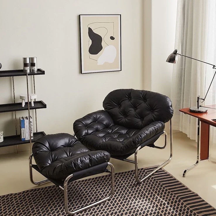 Contemporary Retro Faux Leather Fabric Stainless Steel Rectangular Cloud Accent Chair Backrest Adjustable Footrest For Living Room