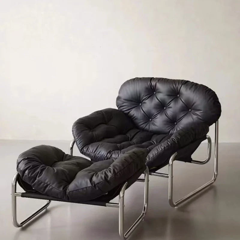 Contemporary Retro Faux Leather Fabric Stainless Steel Rectangular Cloud Accent Chair Backrest Adjustable Footrest For Living Room