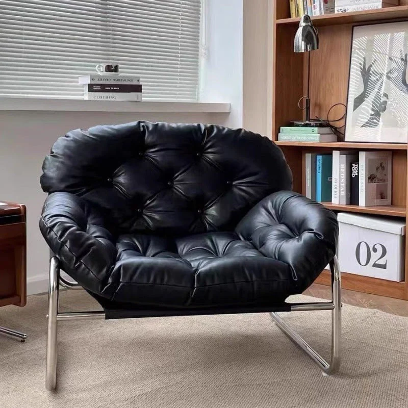 Contemporary Retro Faux Leather Fabric Stainless Steel Rectangular Cloud Accent Chair Backrest Adjustable Footrest For Living Room