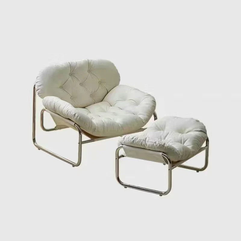 Contemporary Retro Faux Leather Fabric Stainless Steel Rectangular Cloud Accent Chair Backrest Adjustable Footrest For Living Room