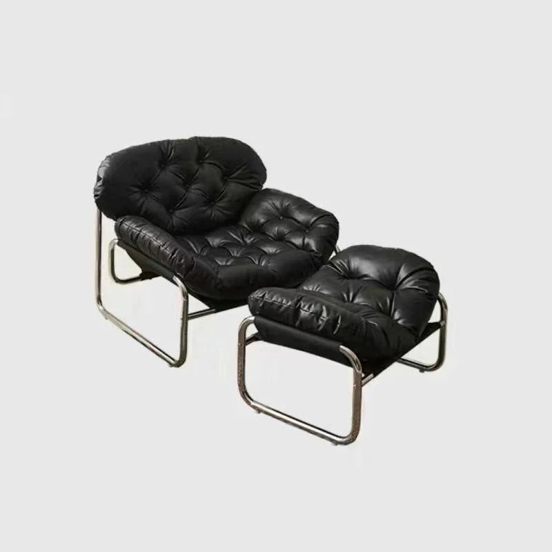 Contemporary Retro Faux Leather Fabric Stainless Steel Rectangular Cloud Accent Chair Backrest Adjustable Footrest For Living Room