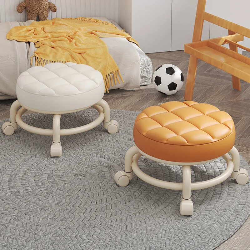 Modern Simplicity Faux Leather Wood Metal Sponge Round Checkered Low Stool Backrest Movable For Living Room