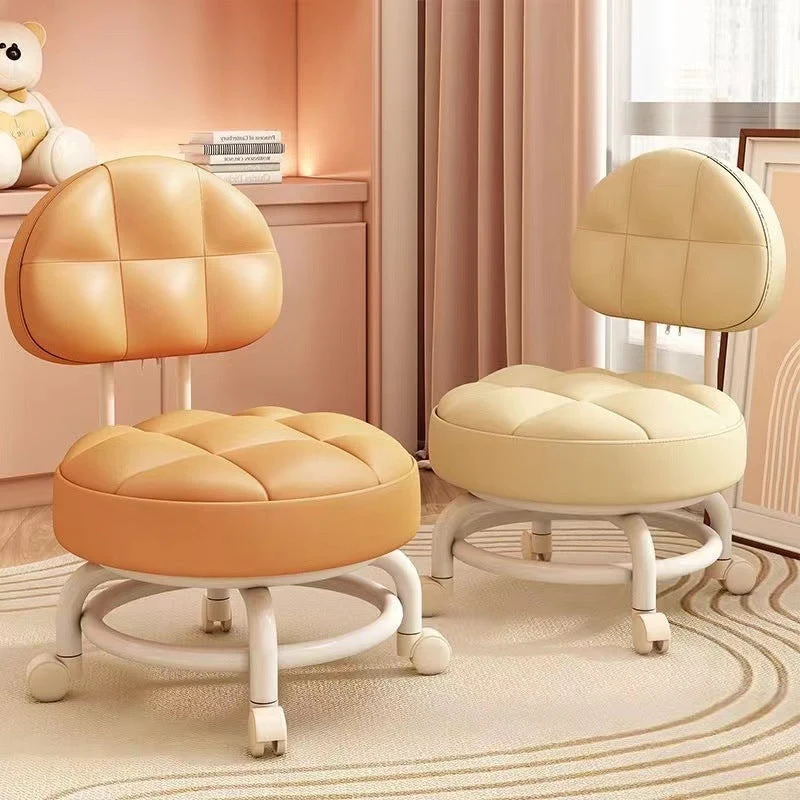 Modern Simplicity Faux Leather Wood Metal Sponge Round Checkered Low Stool Backrest Movable For Living Room