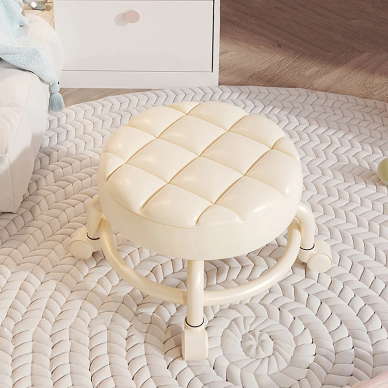 Modern Simplicity Faux Leather Wood Metal Sponge Round Checkered Low Stool Backrest Movable For Living Room