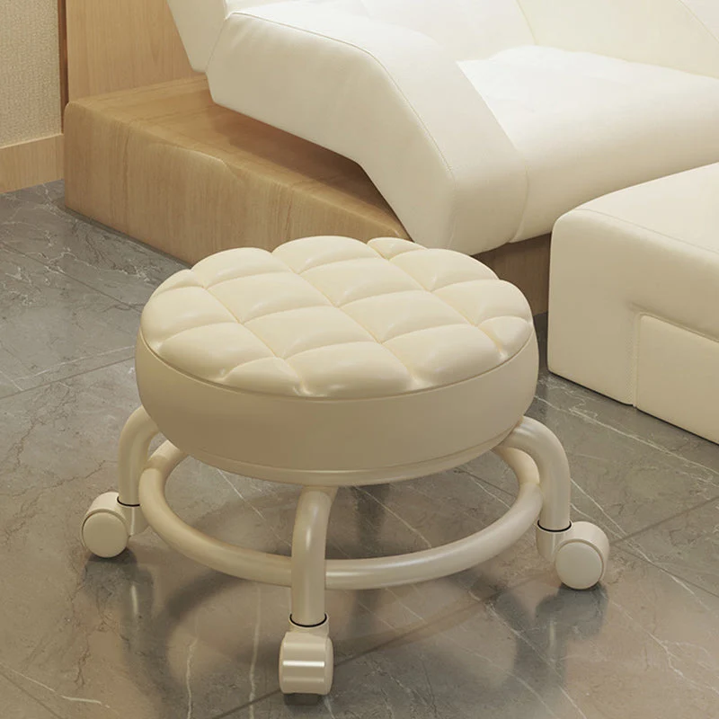 Modern Simplicity Faux Leather Wood Metal Sponge Round Checkered Low Stool Backrest Movable For Living Room