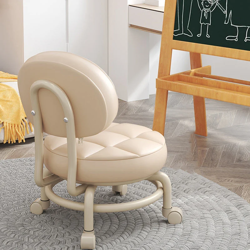 Modern Simplicity Faux Leather Wood Metal Sponge Round Checkered Low Stool Backrest Movable For Living Room