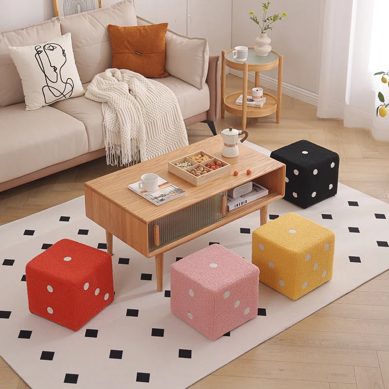 Contemporary Nordic Sherpa Fabric Sponge Wood Dice Square Cubic Footstool Stackable For Living Room