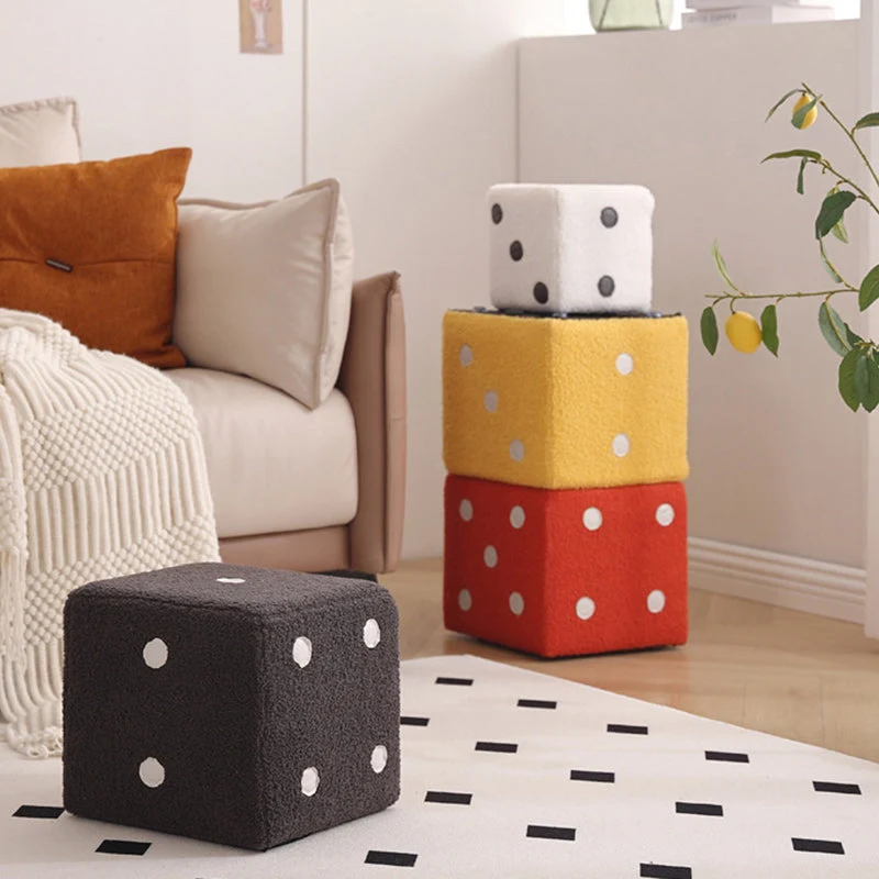 Contemporary Nordic Sherpa Fabric Sponge Wood Dice Square Cubic Footstool Stackable For Living Room