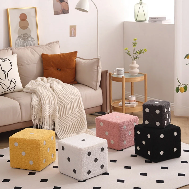 Contemporary Nordic Sherpa Fabric Sponge Wood Dice Square Cubic Footstool Stackable For Living Room
