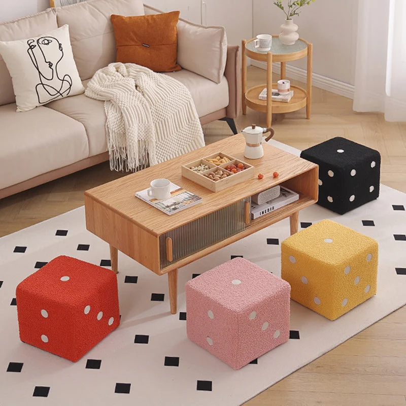 Contemporary Nordic Sherpa Fabric Sponge Wood Dice Square Cubic Footstool Stackable For Living Room