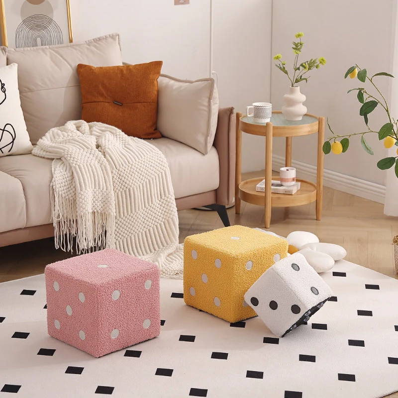 Contemporary Nordic Sherpa Fabric Sponge Wood Dice Square Cubic Footstool Stackable For Living Room
