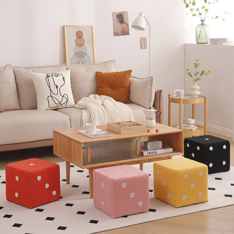 Contemporary Nordic Sherpa Fabric Sponge Wood Dice Square Cubic Footstool Stackable For Living Room