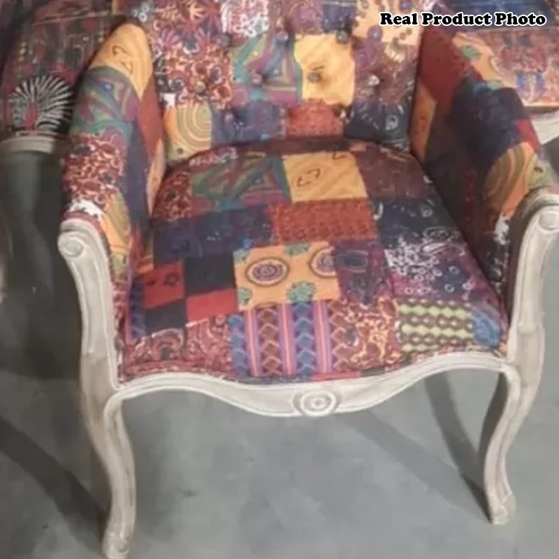 Traditional Vintage Fabric Rubberwood Square Half Round Accent Chair Backrest Armrest For Living Room