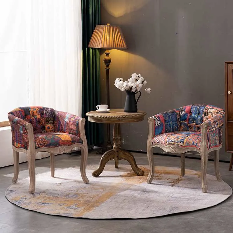 Traditional Vintage Fabric Rubberwood Square Half Round Accent Chair Backrest Armrest For Living Room