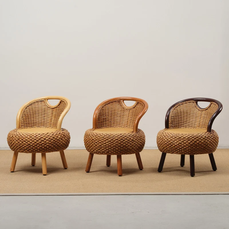 Modern Minimalist Rattan Oak Wood Round Chair Backrest Armless For Living Room