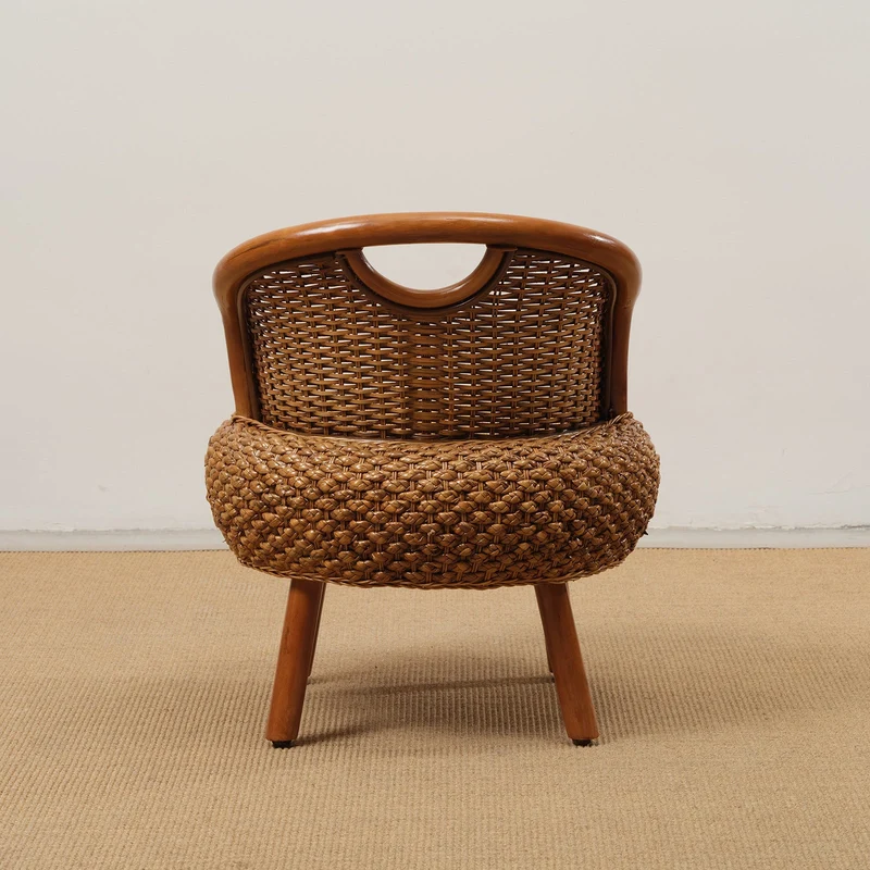 Modern Minimalist Rattan Oak Wood Round Chair Backrest Armless For Living Room