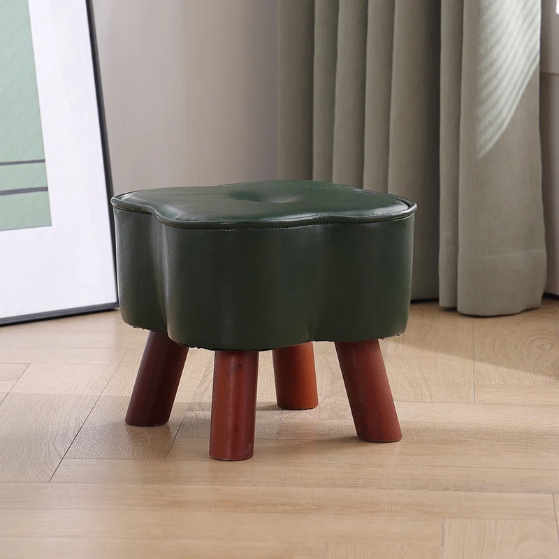 Modern Art Deco Clover Round Oil Wax Leather Pine Wood Footstool Backless Armless For Living Room