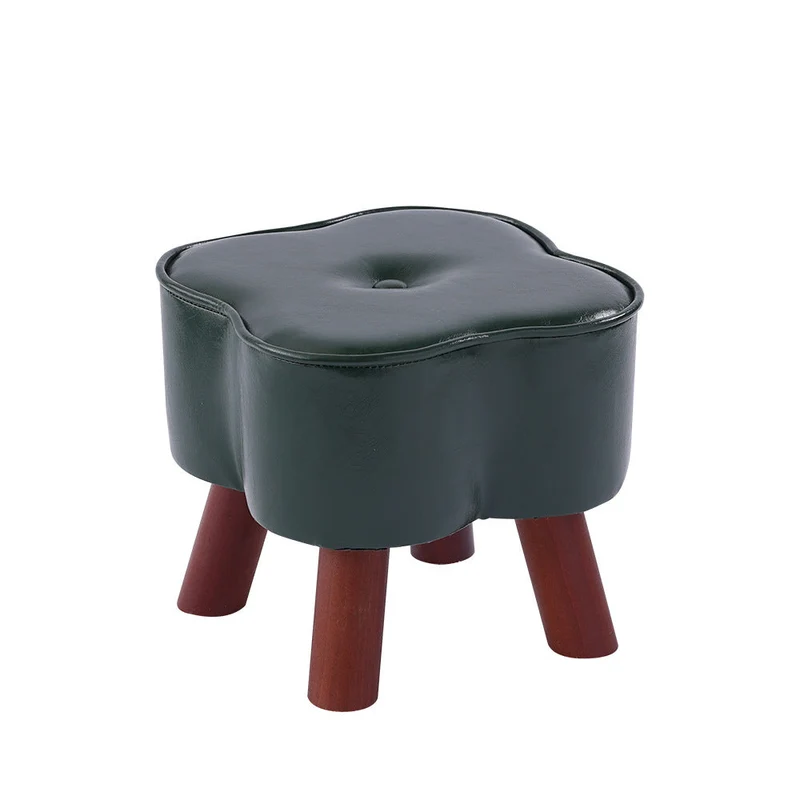 Modern Art Deco Clover Round Oil Wax Leather Pine Wood Footstool Backless Armless For Living Room