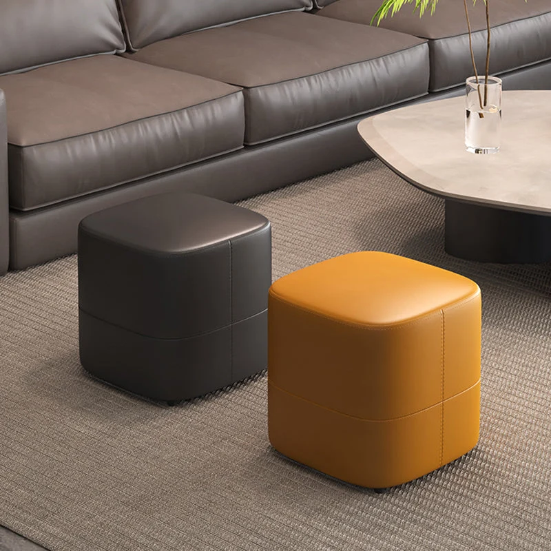 Modern Minimalist Square Faux Nappa Leather Pine Wood Low Stool Backless Armless For Living Room