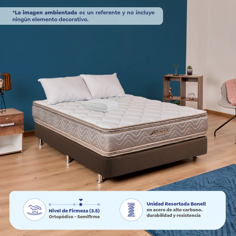 Combo Colchón Fantasia Galaxy 140X190Cm + Base Cama Lino Café + Almohada + Protector Damasco Marca Fantasía