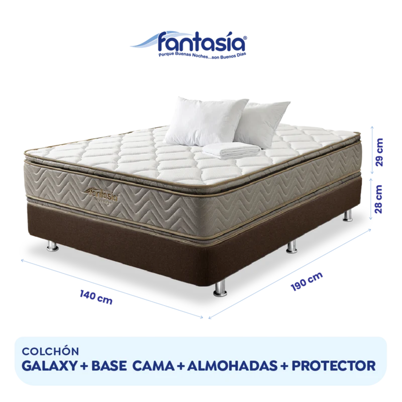Combo Colchón Fantasia Galaxy 140X190Cm + Base Cama Lino Café + Almohada + Protector Damasco Marca Fantasía
