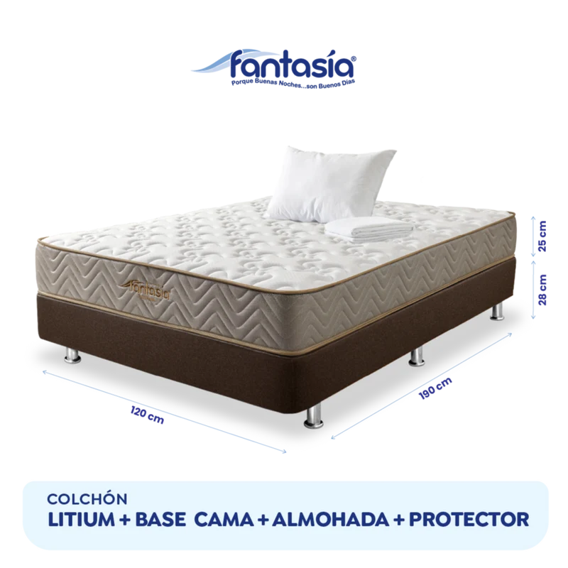 Combo Colchón Litium 120X190 Cm + Base Cama Lino Cafe + Almohada Economica + Protector Damasco Marca Fantasía