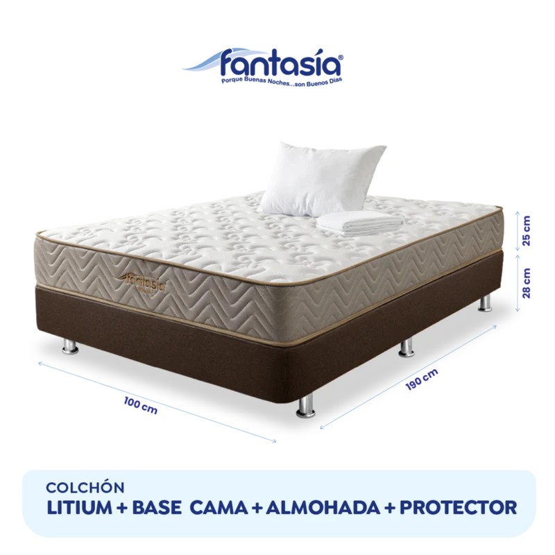 Combo Colchón Litium 100X190 Cm + Base Cama Lino Cafe + Almohada Economica + Protector Damasco Marca Fantasía